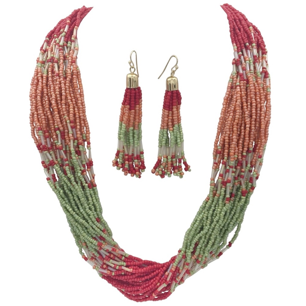 Red Pink Green Layered Seed Bead Multicolor Statement Necklace Earrings Set